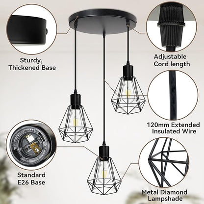 LTBLIGHT 3-Light Pendant Light Fixture, Farmhouse Hanging Lights with 1.2m Adjustable Cord, Ceiling Lighting for Kitchen Island Dining Room Hallway, E26 Base (Bulbs Not Included)
