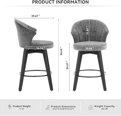 Wing Back Swivel Bar Stools Set of 2-25" Counter Height Adjustable Stools Chenille Upholstery, Leveling Feet for Kitchen Island, Home Pub or Dining Room