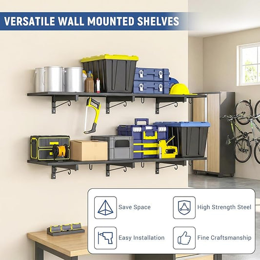 Garage Wall Shelf, Heavy Duty Garage Shelving, 46"X 12.5" Wall Mounted Shelves, Metal Floating Storage Rack with 4 Hooks, Utility Organizer Max Load 160 LBS for Laundry Room, Basement, Workshop