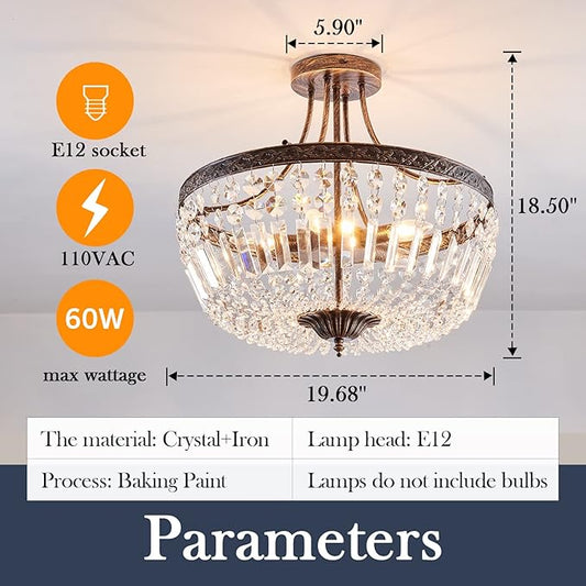 YYJLX 5-Light Retor Crystal Ceiling Light Fixture Oil Rubbed Bronze Semi Flush Mount Chandelier Ceiling Lamp for Living Room Dining Room Entryway Hallway Foyer Bedroom Laundry Bathroom