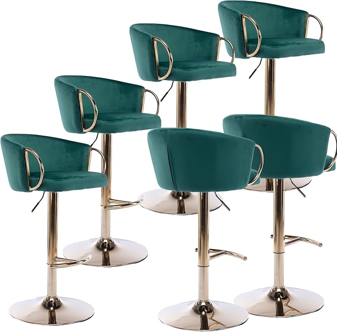 Rhomtree 24-32 Inch Swivel Bar Stools, Adjustable Counter Height Barstools with Gold Stable Metal Frame Footrest, Upholstered Bar Chairs for Home Bar Kitchen Island(Green Set of 6)