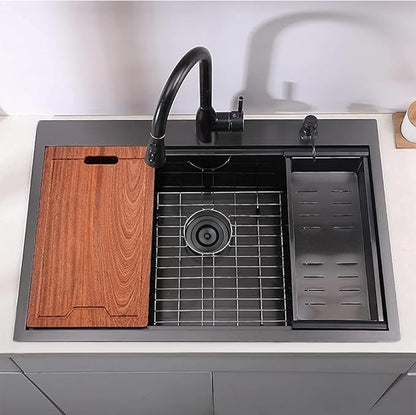 VCCUCINE 33x22 Inch Black Drop In Kitchen Sink,33 Gunmetal Black Single Bowl Stainless Steel Topmount Workstation Kitchen Sink Laundry Sink,Top mount 2 Hole Kitchen Sink with Cutting Board & Strainer