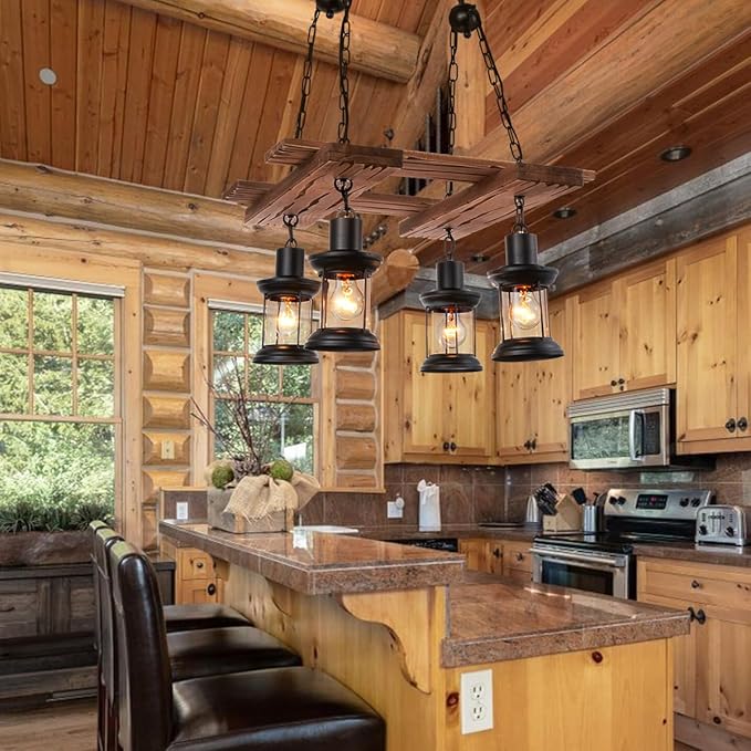 A Million 24" Farmhouse Chandelier, 4 Light Pendant Chandeliers for Dining Room, Retro Kitchen Lighting Fixtures with E26 Socket, Rustic Wood Pendant Lights for Hallway Bar Cafe Foyer