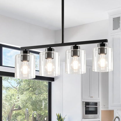 4-Light Kitchen Island Lighting, Black Pendant Light Fixture, Farmhouse Dining Room Light Fixtures Over Table, Modern Hanging Light Fixtures with Clear Glass, E26 Base, Bulbs Not Included