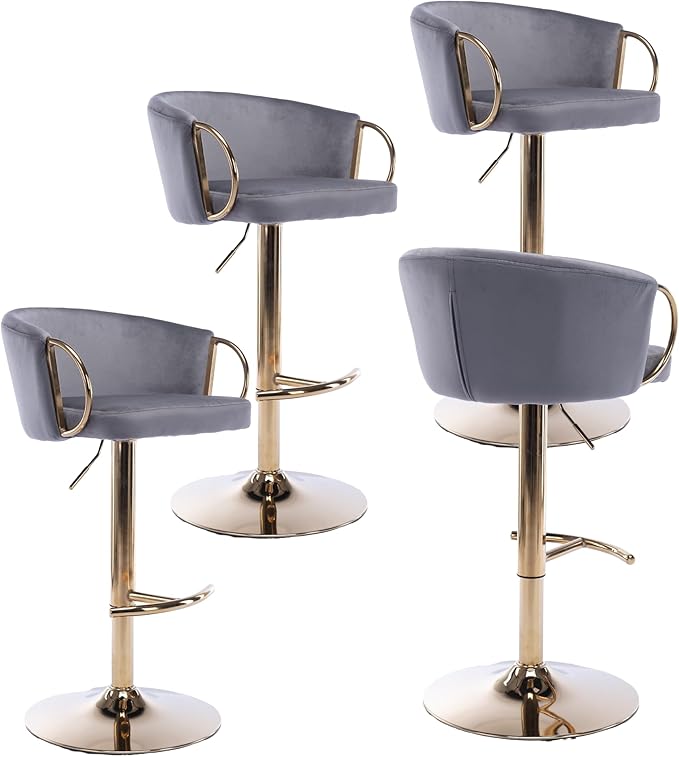 Rhomtree 24-32 Inch Swivel Bar Stools, Adjustable Counter Height Barstools with Gold Stable Metal Frame Footrest, Upholstered Bar Chairs for Home Bar Kitchen Island(Gray Set of 4)