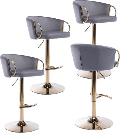 Rhomtree 24-32 Inch Swivel Bar Stools, Adjustable Counter Height Barstools with Gold Stable Metal Frame Footrest, Upholstered Bar Chairs for Home Bar Kitchen Island(Gray Set of 4)