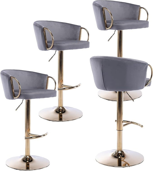 Rhomtree 24-32 Inch Swivel Bar Stools, Adjustable Counter Height Barstools with Gold Stable Metal Frame Footrest, Upholstered Bar Chairs for Home Bar Kitchen Island(Gray Set of 4)