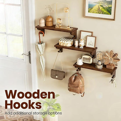 Alsonerbay Wood Floating Shelves for Wall 3 Pack, 17 inch Rustic Wall Shelves with Hook, Decorative Hanging Shelves for Bedroom Living Room Nursery Office and More Light Walnut