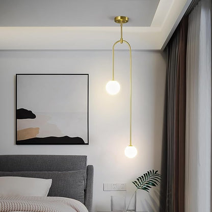 Modern Milk Glass Pendant Light 2 Light Mid Century Chandelier Small Glass Globe Gold Pendant Lights for Kitchen Island Bedroom Dining (1 Pack)
