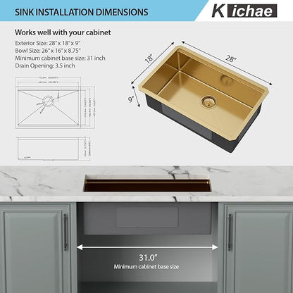 28 Gold Kitchen Sink - Kichae 28"x18" Gold Undermount Kitchen Sink Stainless Steel 16 Gauge Ledge Workstation Single Bowl Deep Round Corner Handmade Basin For Luxury Kitchens