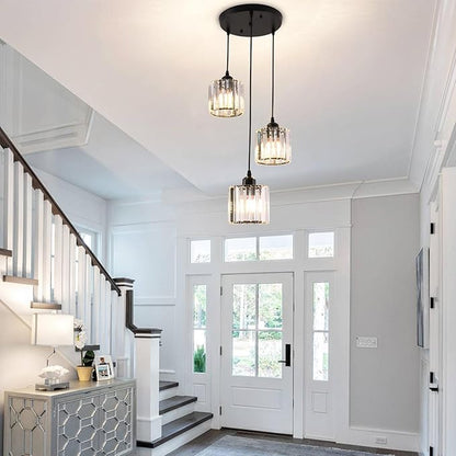 Modern Crystal Chandelier Round Ceiling Pendant Lights, Height Adjustable Crystal Hanging Light Fixtures for Kitchen Island, Chandeliers for Dining Room,Foyer,Living Room Entryway Black (3 Lights)
