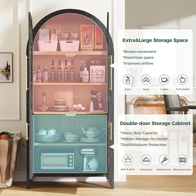 63" Arched Storage Cabinet with Glass & Rattan Door, 5-Tier Modern Farmhouse Kitchen Pantry Cabinet Kitchen Storage Cabinet Adjustable Shelf for Living Room Dining Room Office, Black