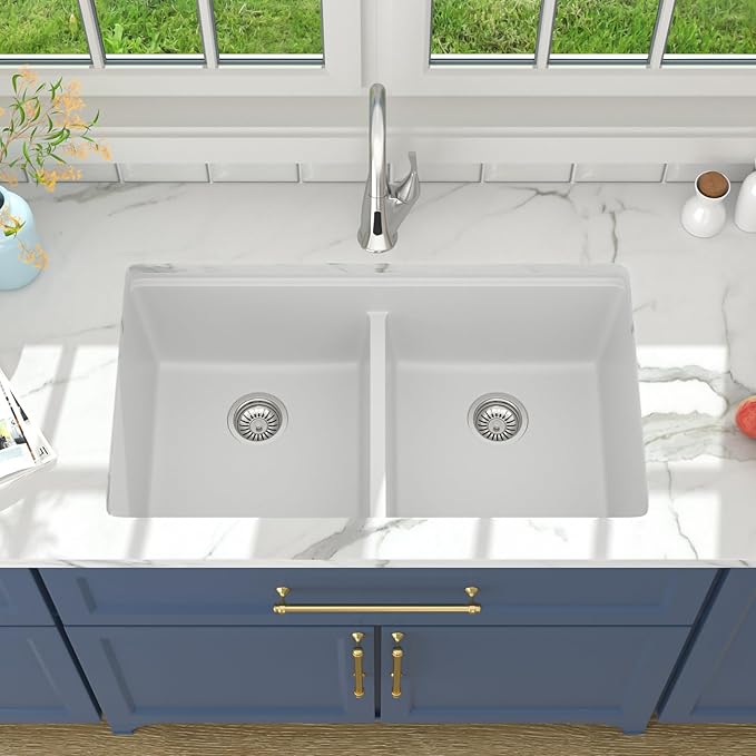 Lordear 33 Granite Composite Kitchen Sink Double Bowl White Granite Kitchen Sink Ledge Workstation 33"x19" White Undermount Double Bowl 50/50 Low Divide Quartz Classic Composite Under Counter Basin