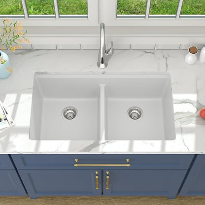 Lordear 33 Granite Composite Kitchen Sink Double Bowl White Granite Kitchen Sink Ledge Workstation 33"x19" White Undermount Double Bowl 50/50 Low Divide Quartz Classic Composite Under Counter Basin