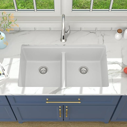 Lordear 33 Granite Composite Kitchen Sink Double Bowl White Granite Kitchen Sink Ledge Workstation 33"x19" White Undermount Double Bowl 50/50 Low Divide Quartz Classic Composite Under Counter Basin