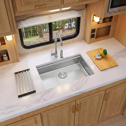 Undermount Kitchen Sink 27 x 18 Inch, 16 Gauge T-304S Stainless Steel Workstation Sinks with Ledge & Accessories, 27" x 18" x 6" ADA-Compliant Kitchen Sink, 6 Inch Deep RV Kitchen Sink