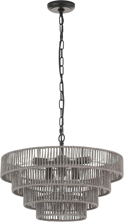 20” Hand-Woven Rattan Chandelier 6-Lights Transitional Minimalist 4 Round Boho Large Coastal Pendant Light for Kitchen Island Dining Room Living Room Hallway, Gray, UL Listed