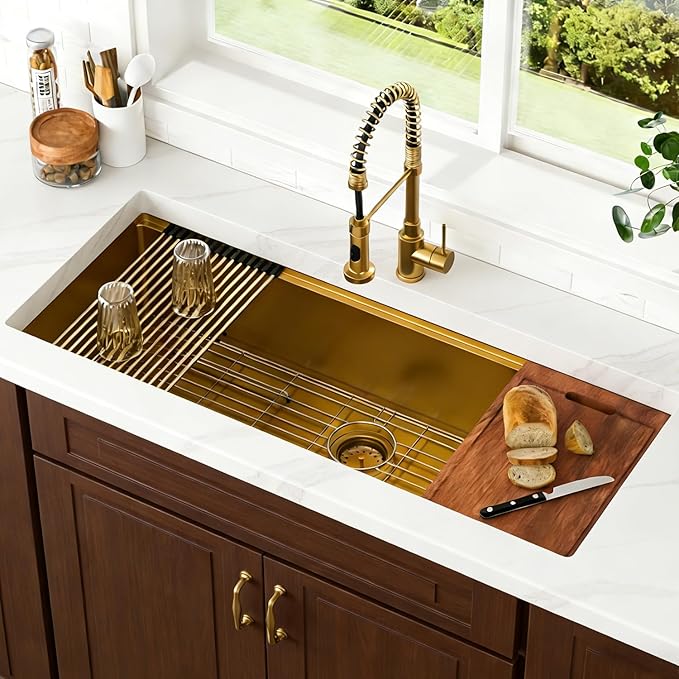 Lordear Luxury 45 Inch Gold Undermount Kitchen Sink Large Ledge Workstation T304 16 Gauge Stainless Steel Single Bowl Under Counter Gold Kitchen Sink with Built-in Accessories 45''x19''x10''