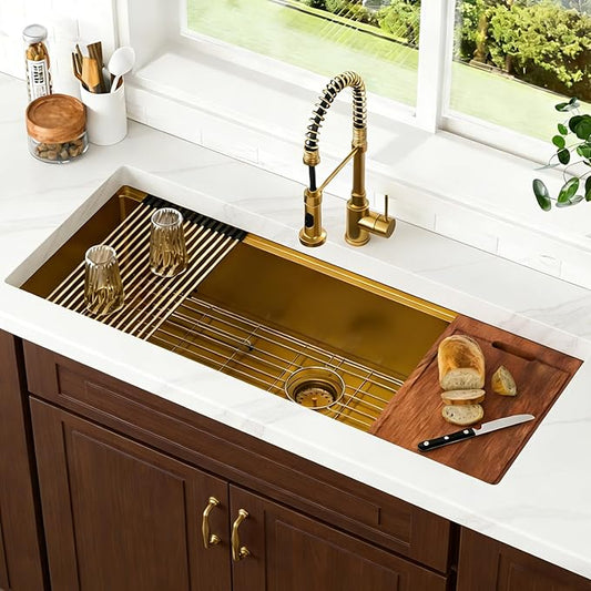 Lordear Luxury 45 Inch Gold Undermount Kitchen Sink Large Ledge Workstation T304 16 Gauge Stainless Steel Single Bowl Under Counter Gold Kitchen Sink with Built-in Accessories 45''x19''x10''