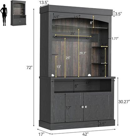GarveeHome Coffee Bar Cabinet with LED Lights 72 in Tall Buffet Cabinet with Storage Farmhouse Kitchen Sideboard Tall Coffee Hutch with Microwave Stand/Wine Rack/Glass Shelf Dining Room (Black Oak)
