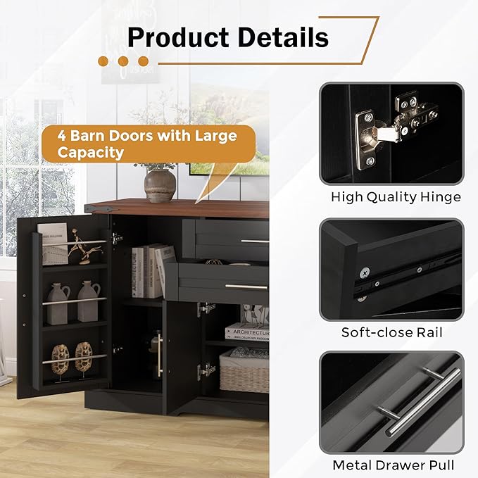 Buffet Cabinet with Storage, 63" Large Sideboard Storage Cabinet with Drawer, 4 Doors and Shelves, Modern Farmhouse Coffee Bar Table Kitchen Island Credenza for Kitchen, Dining, Living Room (Black)
