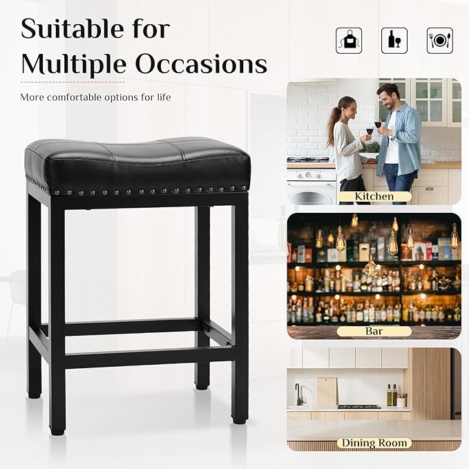 Sweetcrispy Bar Stools Set of 2, 24 Inch Counter Height Stools, PU Leather Upholstered Bar Chairs with Footrest, Modern Bar Stools for Kitchen Island, Dining, Living Room, Modern Black
