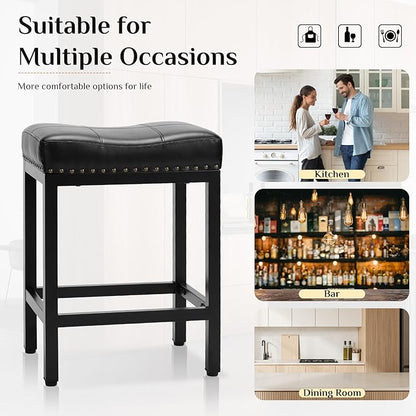 Sweetcrispy 24 inch Bar Stools Set of 6, Upholstered Modern Counter Height Bar Stools for Kitchen Island Modern PU Leather Sadless Stools Chair with Metal Base and Footrest,Black