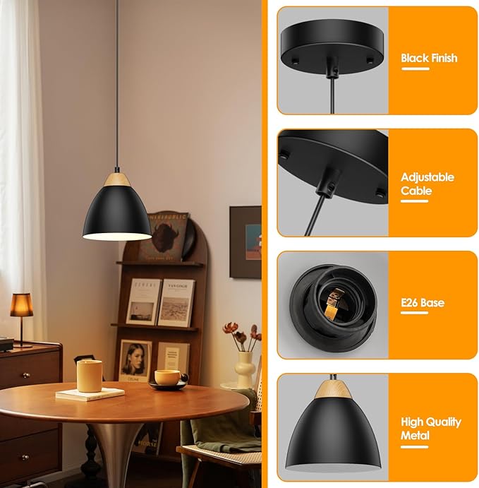 Black Pendant Lights for Kitchen Island, 5.9" Cone Metal Shade Adjustable Height Small Hanging Lamps for Dining Room Light Fixtures Over Table Modern Ceiling Fixture