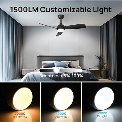 Consciot Ceiling Fan With Lights Remote Control, 44 Inch Modern Ceiling Fan, Downrod Mount, Reversible Quiet DC Motor, 6 Speed, 3 Color and Dimmable, Black Ceiling Fan For Indoor and Covered Outdoor
