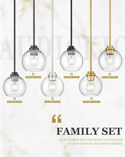 2-Pack Pendant Lights Kitchen Island, 7" Modern Brushed Gold Hanging Lights Fixtures with Clear Seeded Glass Globe Shade, Kitchen Island Lighting for Bathroom, AD-22280-1P2-GD-S