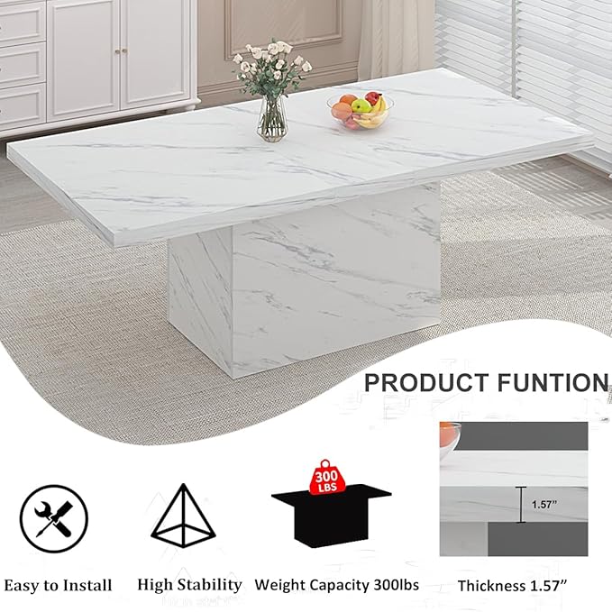 HSH 71” White Faux Marble Dining Table, Rectangle Modern Dinner Kitchen Table for 6-8, Farmhouse Long Kitchen Furniture for Living Room, Industrial Wood Dining Room Table with Sturdy Base
