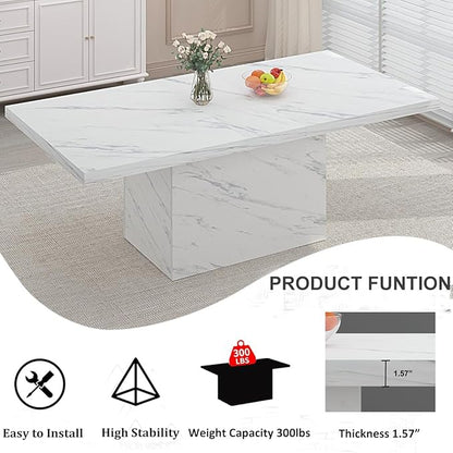 HSH 71” White Faux Marble Dining Table, Rectangle Modern Dinner Kitchen Table for 6-8, Farmhouse Long Kitchen Furniture for Living Room, Industrial Wood Dining Room Table with Sturdy Base