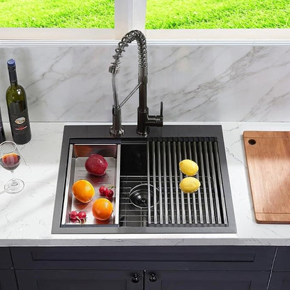 QuietBoy 25" Black Workstation Kitchen Sink, 16 Gauge Stainless Steel Drop-In Single Bowl Sink, Topmount Farmhouse Sink for Kitchen & RV, Deep Basin with Ledge & Accessories (Black, 2522)