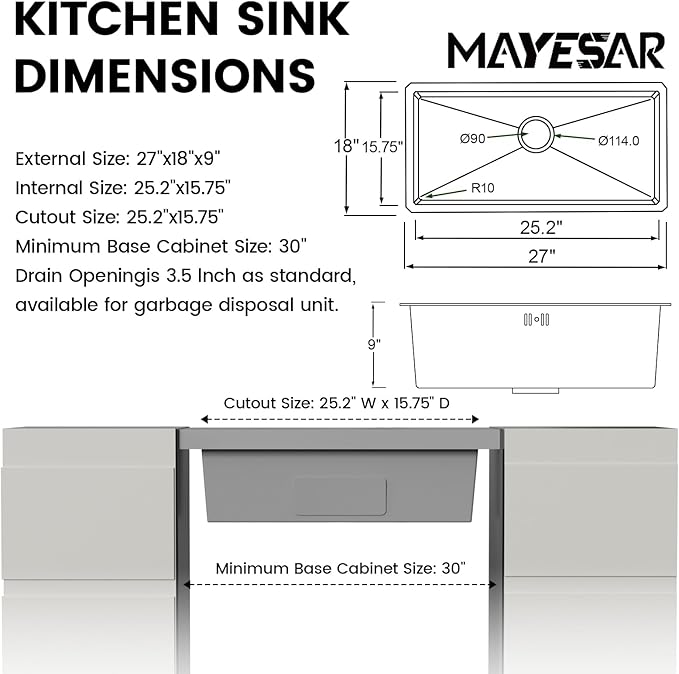 MAYESAR 27" Undermount Stainless Steel Kitchen Sinks, 27 x 18 Inch 16 Gauge Single Bowl Kitchen Sink, Honeycomb Embossed Design Prevents Scratches and Wear, with Accessories