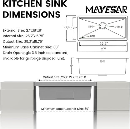 MAYESAR 27" Undermount Stainless Steel Kitchen Sinks, 27 x 18 Inch 16 Gauge Single Bowl Kitchen Sink, Honeycomb Embossed Design Prevents Scratches and Wear, with Accessories