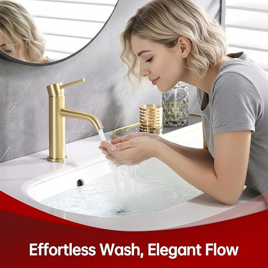 SUMERAIN Bathroom Sink Faucet Brushed Gold Single Handle Single Hole Stainless Steel Lavatory Faucet, Lead-Free