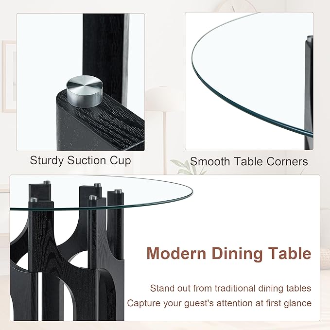 Glass Round Dining Table for 4 6 Person, 46 Inch Glass Kitchen Dining Room Table with Wooden Black Pedestal Base,Modern Circle Clear Glass Top Dinner Table for Small Spaces Home/Apartment