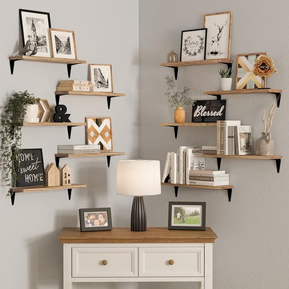 Wallniture Arras Wood Floating Shelves for Wall Storage, Small Bookshelf, Hanging Book Shelves for Living Room, Bedroom, Office, Burnt Finish, Set of 10 (Burnt)