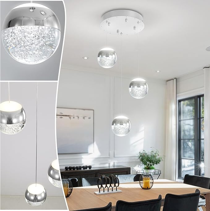 Modern Crystal Pendant Lighting Silver Globe Pendant Light Fixture, Mid Century Chandelier 3-Light Hanging Fixture for Kitchen Island,Globe Chandeliers for Dinning Room Bedroom