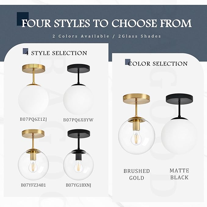 Bagood 8" Black Semi Flush Mount Ceiling Light Fixture Clear Glass Globe Ceiling Light Fixture Hallway Light Fixture Mid Century Ceiling Light Matte Black Finish for Entryway Foyer Kitchen(Bulb Incl.)