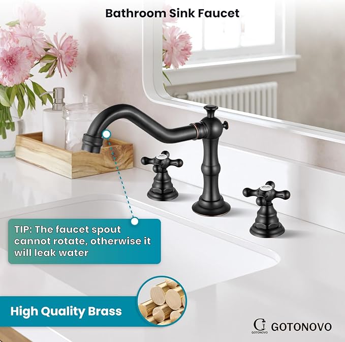 gotonovo Bathroom Faucet 3 Hole 8 Inch Widespread Bathroom Sink Faucet 2 Cross Handles Vintage Lavatory Vanity Mixer Tap with Pop Up Drain, Round Font Label, Oil-Rubbed Bronze