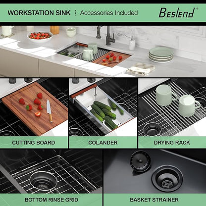 30 Black Undermount Kitchen Sink - 30x19 Gunmetal Black Double Bowl Kitchen Sinks Workstation 16 Gauge Stainless Steel Sink Low Divide Double Basin 60/40