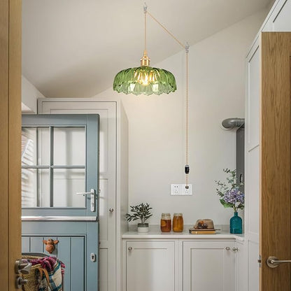 Plug in Pendant Light Fixtures,Green Glass Lampshade Pendant Lighting 9.4in E26 Hanging Light Fixture for Kitchen Island, Bedroom, Dining Room, Living Room