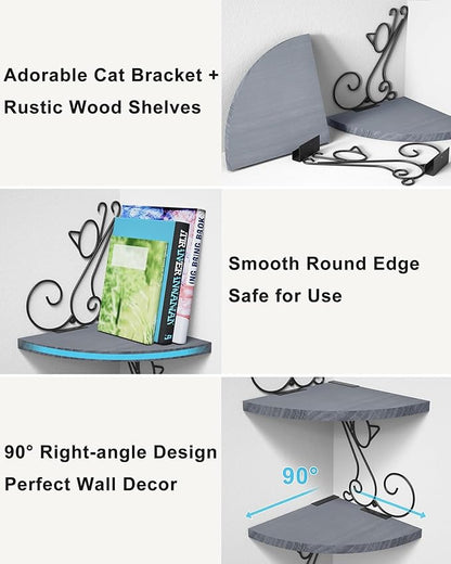Alsonerbay Wall Mount Corner Shelves 4 Tier Floating Corner Storage Wood Shelves Decorative Rustic Radial Shelf in Cat Shape Weathered Grey