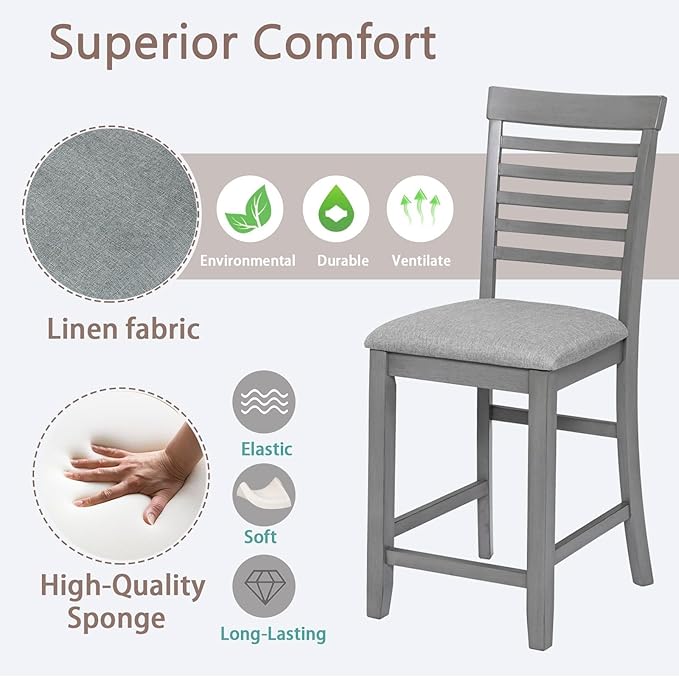Counter Height Dining Chairs Set of 4, Gray Wooden Bar Stools with Ergonomic Ladder Back & Padded Linen Seat, Kitchen Chairs for Dining Room, Living Room