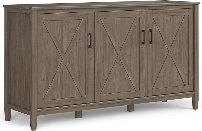 SIMPLIHOME Ela Storage Cabinet - 60 inch Wide Solid Wood 3-Shelf Wide Storage Cabinet in Smoky Brown, Transitional Accent Cabinet for Living Room or Entryway with Shaker Style Doors and Shelves