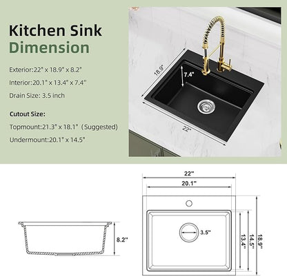 Davivy 22 Inch Granite Kitchen Sink Workstation, 22 x 19 Black Drop In/Undermount Kitchen Sink, Deep Quartz Composite Single Bowl Basin with Accessories