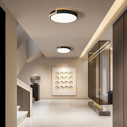 Modern LED Close to Ceiling Light, Round Flush Mount Ceiling Lighting Fixture, Matte Black with Wood Accent, Minimalist Kitchen Light Fixtures for Bedroom, Entryway, Living Room, 15.8in