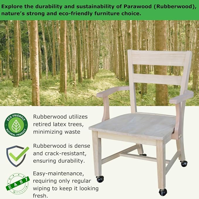 IC International Concepts, Solid Wood Dining Chair with Casters, Unfinished, 225lbs wt capacity, Solid Real Wood, Sturdy Parawood, DIY, Paint/Stain Ready, Unfinished