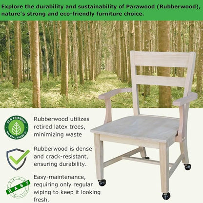 IC International Concepts, Solid Wood Dining Chair with Casters, Unfinished, 225lbs wt capacity, Solid Real Wood, Sturdy Parawood, DIY, Paint/Stain Ready, Unfinished